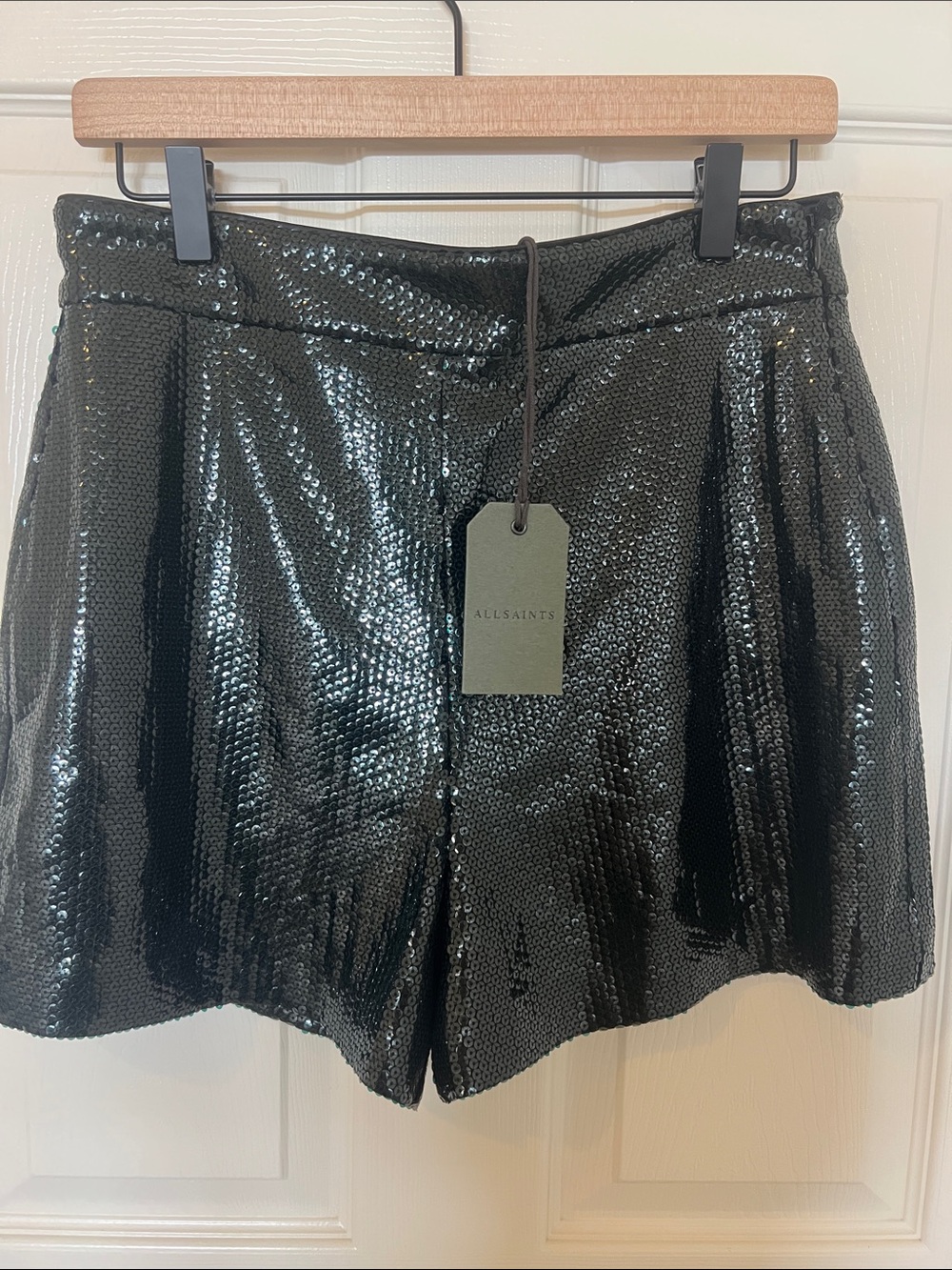 All Saints Leanna Shorts Petrol Blue Black Sequin NWT Revolve Luxury Lined - Picture 2 of 12